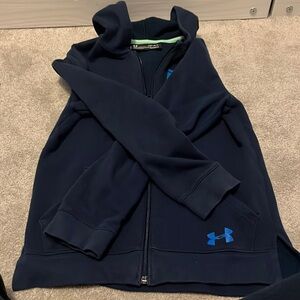 Under Armour cold gear zip up hoodie in navy blue with logo on chest and bottom